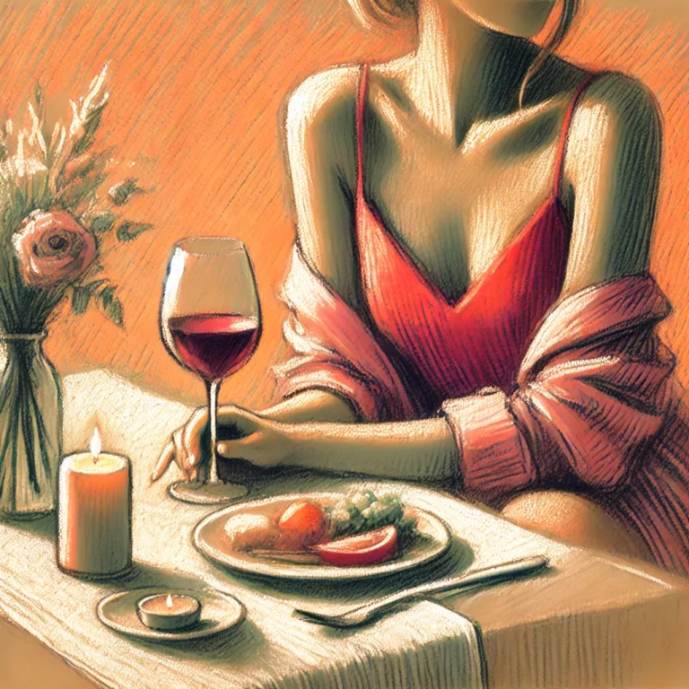 DALL·E-2024-07-09-15.33.12-A-woman-in-a-red-top-holding-a-glass-of-wine-sitting-at-a-table-with-a-plate-of-food-and-a-candle-rendered-in-a-pastel-art-style.-The-scene-is-warm-.webp