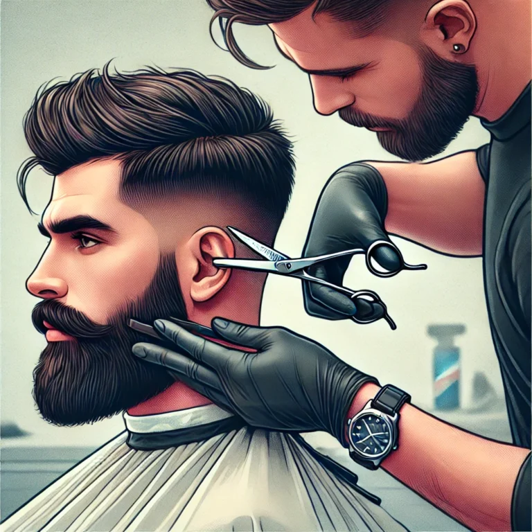 DALL·E-2024-07-09-17.57.23-A-man-getting-a-haircut-with-a-barber-using-scissors-to-trim-his-beard.-The-man-has-a-thick-beard-and-dark-hair.-The-barber-is-wearing-black-gloves-an.webp