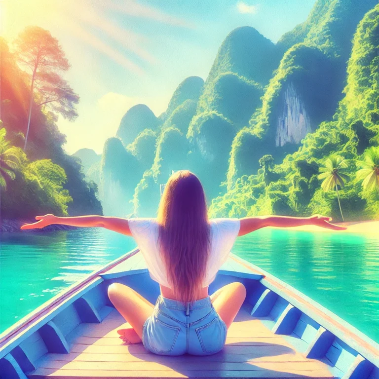 DALL·E-2024-07-09-23.38.49-A-woman-sitting-cross-legged-on-a-boat-arms-outstretched-enjoying-a-scenic-view-of-lush-green-mountains-and-clear-blue-water.-The-scene-is-sunny-and.webp
