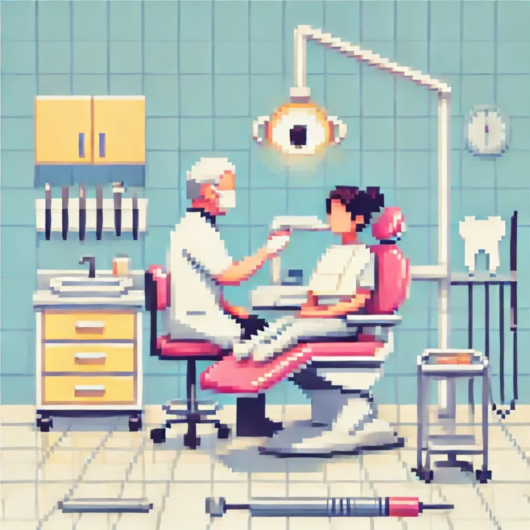 DALL·E 2025-02-12 16.45.57 - A pixel art depiction of a dental clinic. A retro, 16-bit style image of a dentist treating a patient in a clean and modern clinic. The scene includes