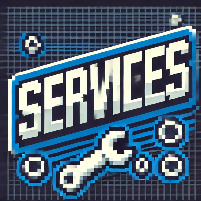 DALL·E 2025-02-15 07.42.22 - A pixel art image of the word 'SERVICES' in bold, blocky, 8-bit style letters. The text is blue with a white outline, giving it a retro video game aes