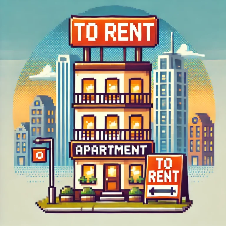 DALL·E 2025-02-15 08.15.20 - A pixel art cityscape representing a real estate agency. The scene features a vibrant skyline with modern buildings, a cozy real estate office in the